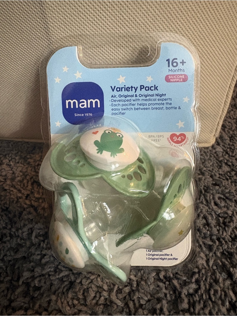 NWT Mam- pack of 3 pacifiers- air, original, & original overnight- 16+ months